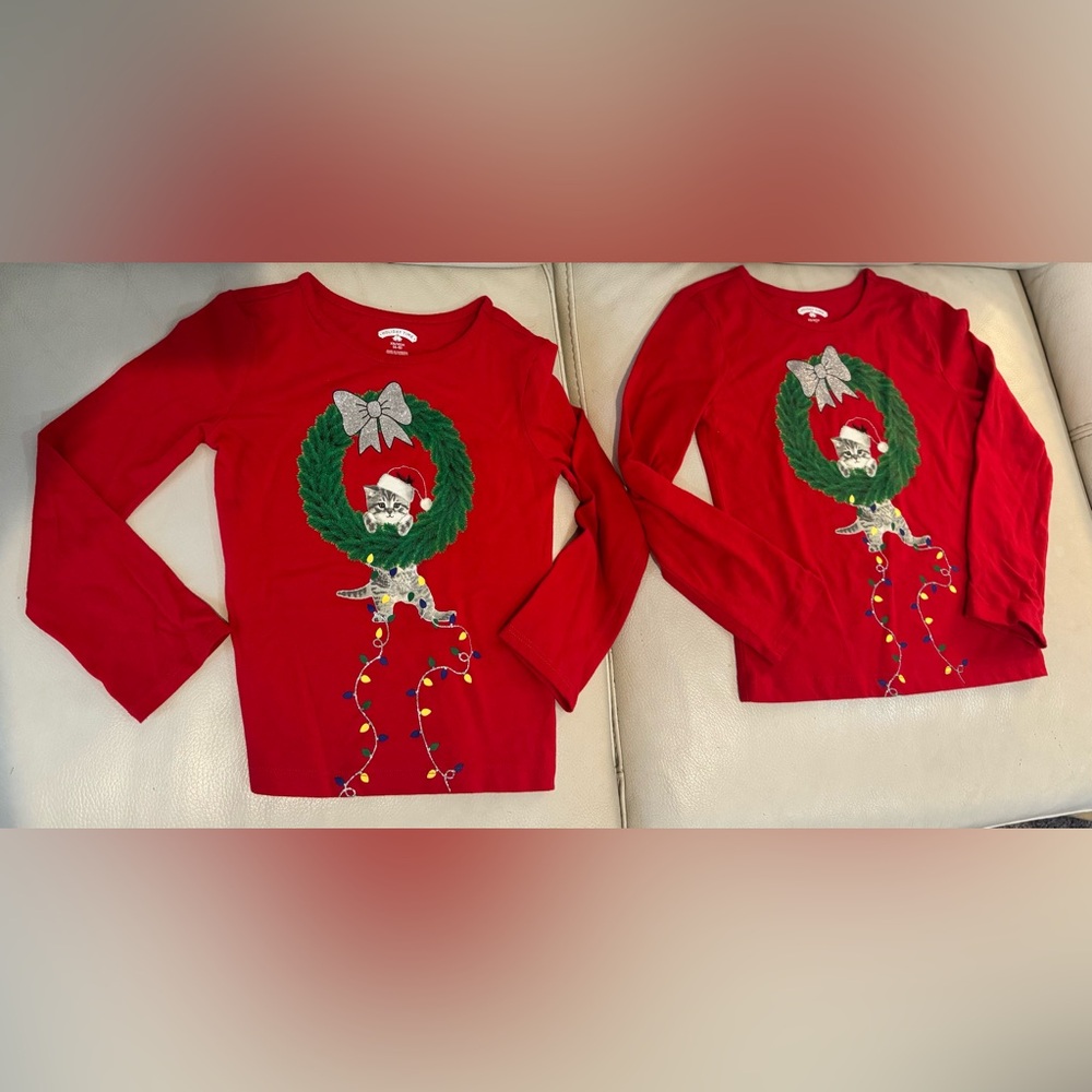 Holiday Time Red Long Sleeve Shirt with Kitten and Wreath/ set of 2 (twins)